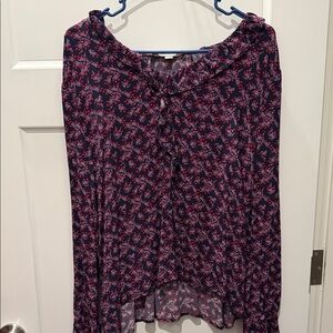 LOFT Navy Blouse with Pink Floral Tie-Neck